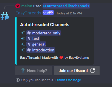 Example: Listchannels Command on serer with autothreading channels